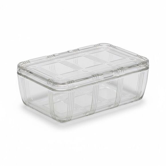Refrigerator Glass Box With Lid Mid Century Hazel Atlas Crisscross Plaid 8.25” - Picture 1 of 5